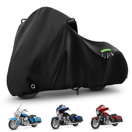 Motorcycle Cover Waterproof for Touring Models Road King/Road Glide/Street Glide/Electra Glide Heavy Duty Sun UV Rain Snow Outdoor Protection Motorbike Cover with Soft Cotton Lining & Lock Hole