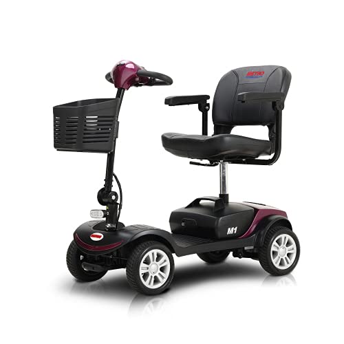 Electric Folding Mobility Scooter for Adults and Seniors, 4 Wheel Powered Wheelchair Device - Compact Heavy Duty Mobile for Travel, Long Range Power Extended Battery with Charger and Basket Plum Red