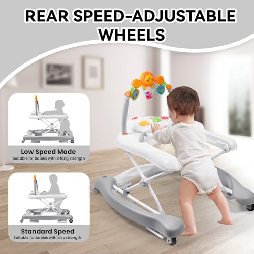Image of Baby Walker, 5 in 1 Baby Walkers for Boys Girls 6-12 Months, Foldable Walkers for Babies with Bouncer & Feeding Tray, Music, Adjustable Heights, Activity Walker for Infant