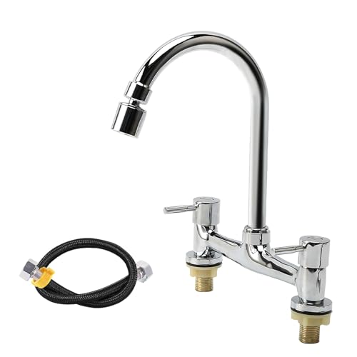 Yolispa Kitchen Mixer Taps, 2 Hole Kitchen Faucet with 360° Swivel Spout and Dual Function Aerator, Dual Lever Chrome Finish Sink Mixer Tap for Kitchens, for Hot and Cold Water