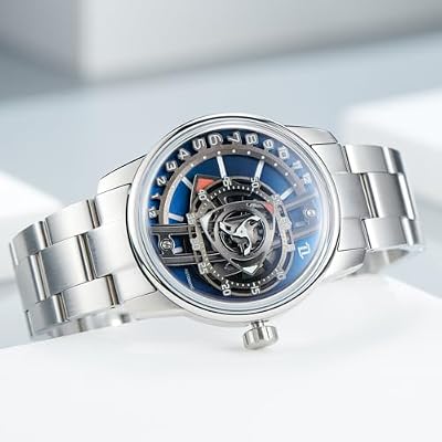 OBLVLO Luxury Automatic Men's Watch, Stainless Steel Band, Black Mechanical Dial, Silver