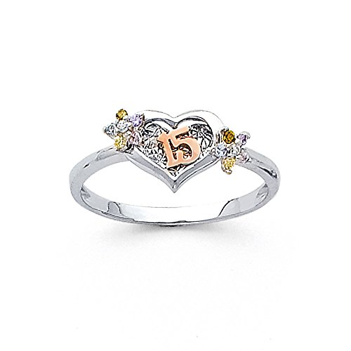 14k Yellow OR White Gold SOLID Sweet 15 Years Birthday CZ Heart Quinceanera Ring