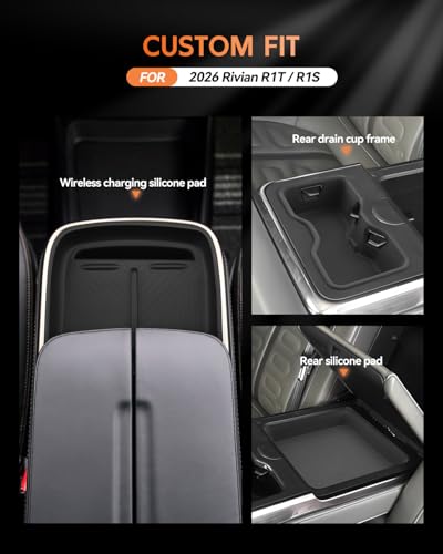 Image of CDEFG 3PCS for 2022-2025 2026 Rivian R1T / R1S Center Console Cup Holder Insert & Wireless Charing Pad & Center Console Armrest Organizer Tray Silicone Mat Accessories