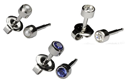 Ear Piercing Earrings studex Silver 3 Pairs of 3 mm Stainless Steel Gem 16 Gauge Studs Gun kit Cartilage Hypoallergenic Baby Earrings for Women