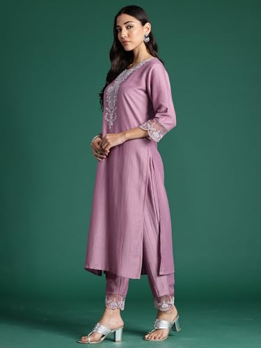 Image of INDO ERA Women's Silk Blend Embroidered Straight Kurta & Pant with Dupatta Set (KH9MU7820)