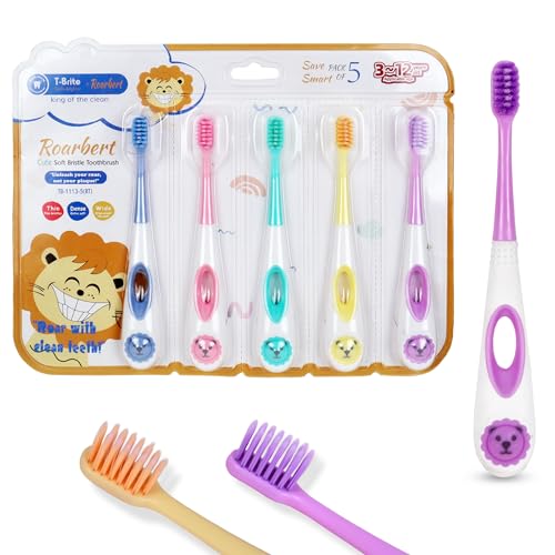 Image of Spanker Pack of 5 Children's Cute Soft Bristle Toothbrush with Fine Bristles | Lion Handle & Pressure-Reducing Design for Good Cleaning Effect Manual Toothbrush For Kids 3-12yrs