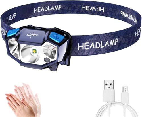 LETOUR Head Torch Rechargeable, 1000Lumens Ultra-Light LED Head Horch with Red Light, Motion Sensor Headlamp with 5 Modes, 60° Adjustable IPX5 Waterproof Headlight for Emergency, Running, Hiking etc
