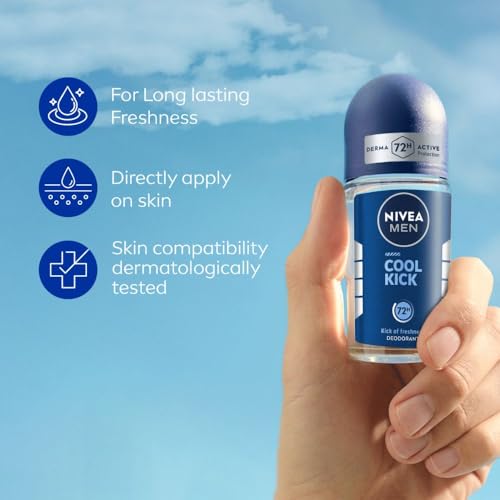 Image of NIVEA MEN Deodorant Underarm Roll On, Cool Kick| 72 H Anti-Perspirant Protection| Long Lasting Freshness with cooling mint Extracts | 0% Alcohol | Dermat Approved| 50ml
