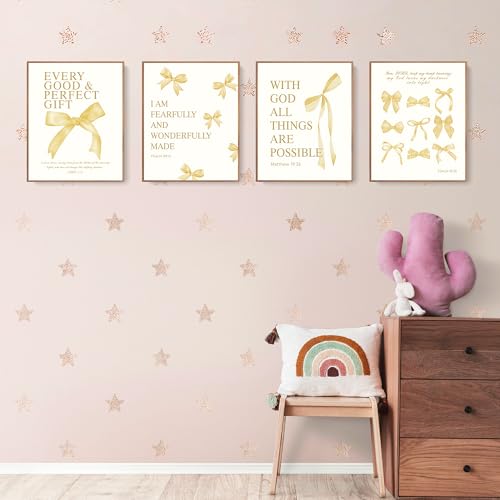 Image of LARTSFRO Coquette Yellow Bow Wall Art Decor Posters, Butter Yellow Bow Room Bedroom Bathroom Dorm Wall Art Decor Aesthetic for College Teen Girls Gifts, Inspirational Bible Verses Bow Wall Decor, 10x8 Inch Set of 4 Pcs Bow Pictures (UNFRAMED)