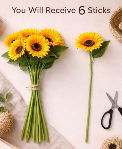Image of SATYAM KRAFT 1 Pcs Artificial Sunflowers Stick Bunch | Realistic Look & Charming Flowers | 6 Heads Bouquet for Home Decor, Bedroom, Balcony, Wedding (Without Vase Pot) (Yellow),Fabric