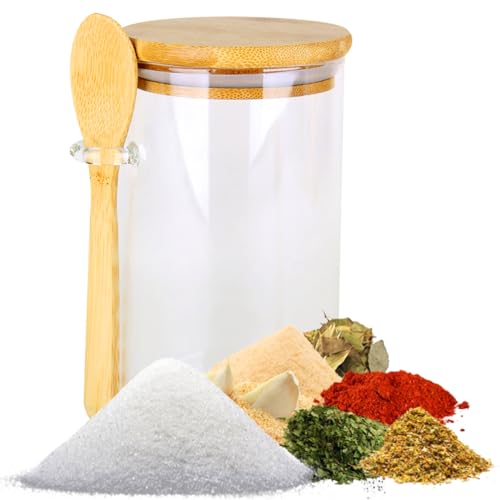 Pote porta condimentos açucareiro saleiro com tampa e colher bambu para cozinha