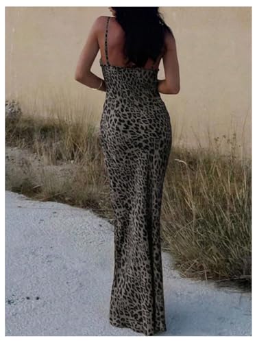 Floerns Women's Cheetah Long Dress Spaghetti Strap Tie Front Going Out Bodycon Maxi Dresses2
