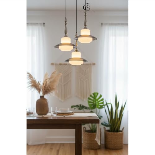 Image of Luxury 3-Head UFO Dome Pendant Light|Smoke Glass & Frosted Cube Inner Shade|Modern Hanging Light for Living Room, Dining Table & Kitchen Island