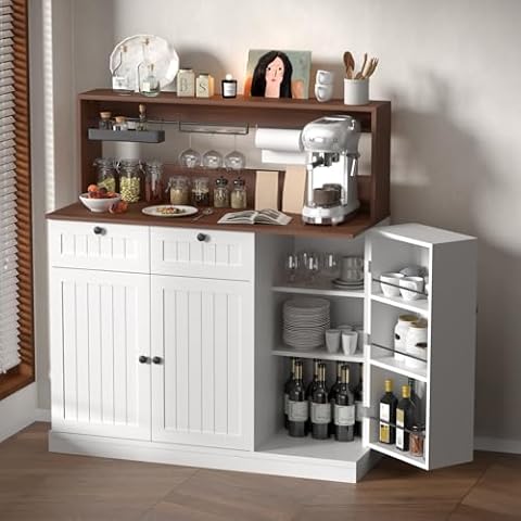 Buffet Cabinet with Storage,Small Coffee Bar Cabinet with 2 Drawer , Charging Station,Farmhouse Kitchen Pantry Cabinet with Adjustable Shelves,Microwave Stand with 3 Doors for Dining Room (White) Cover