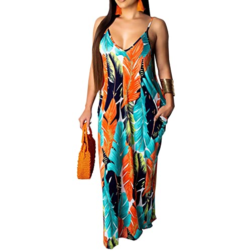 HOBIBEAR Maxi Dress for Women - Sexy Summer Sleeveless Spaghetti Strap Long Maxi Dresses wiht Pockets Colorful Leaf M
