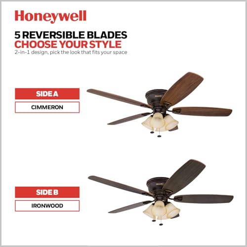 Honeywell Ceiling Fans Glen Alden, 52 Inch Classic Flush Mount Indoor LED Ceiling Fan with Light, Pull Chain, Quick-2-Hang Dual Finish Blades, Reversible Motor - 50183 (Oil Rubbed Bronze) thumbnail 5