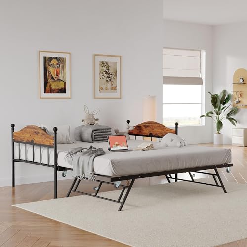 Image of Garvee Twin Daybed with Trundle, Twin Bed Frame with with Stylish Headboard, Heavy Duty Steel Slats Platform for Living Room, Bedroom, Brown
