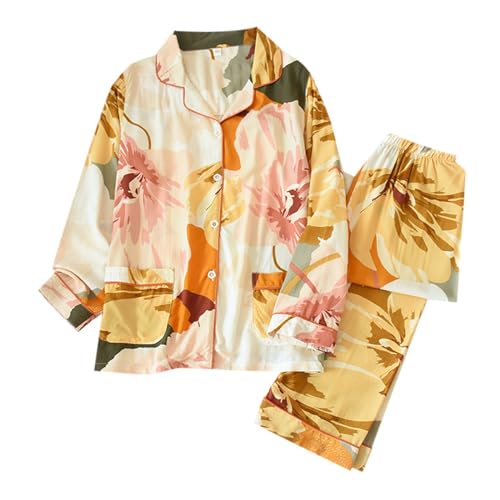 Genérico Pijamas Mujer Verano - Pijamas Y CóModos De Manga Larga con Solapa para Mujer CáRdigan Floral Pantalones Conjunto De Ropa para El Primavera Y OtoñO Top Corto Mujer Deporte