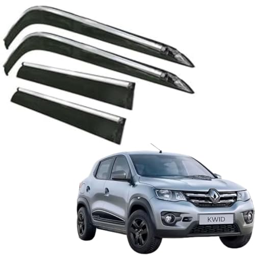 Image of CAR SAAZ Side Door Visors for Kwid (2019-Present)(Set of 4Pcs)|Chrome Lined Rain Guards, Polycarbonate, Smoke Finish