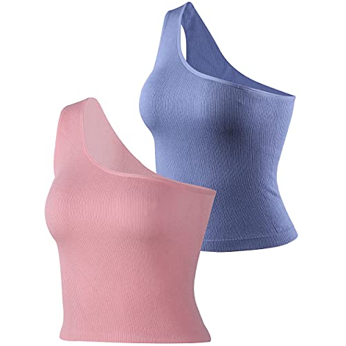 Molemsx Women's Summer One Shoulder Sleeveless Ribbed Crop Top Womens One Shoulder Sports Bras Workout Yoga Bra Sexy Cute Medium Support, Pink and Blue, XL Molemsx Women's Summer One Shoulder Sleeveless Ribbed Crop Top Womens One Shoulder Sports Bras Workout Yoga Bra Sexy Cute Medium Support, Pink and Blue, XL