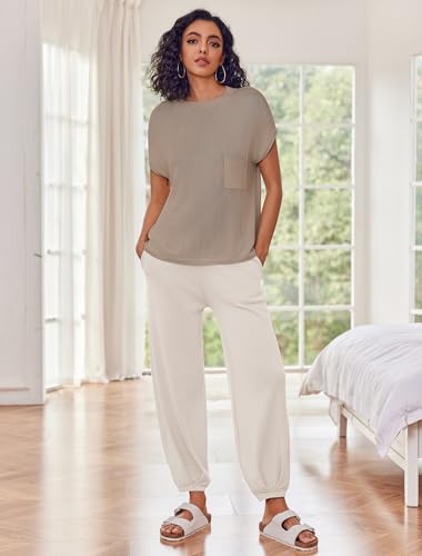 Image of Ekouaer Two Piece Outfits Lounge Sets for Women Sweater Sets Knit Short Sleeve Tops Jogger Pants Matching Tracksuit