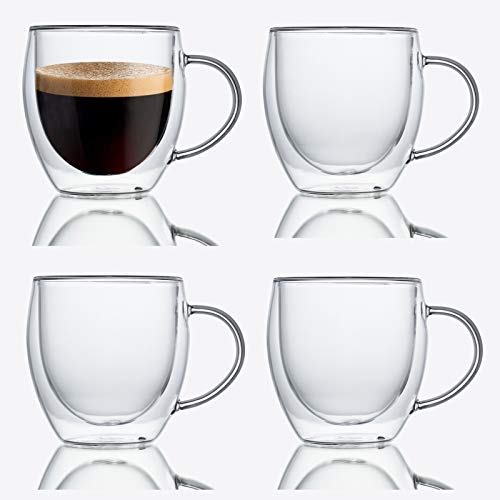Zoneyila Glass coffee mugs - 8 oz Double Wall Insulated Glass Coffee Tea Cup Set with Handle Perfect for Espresso Latte Cappuccino Set of 4