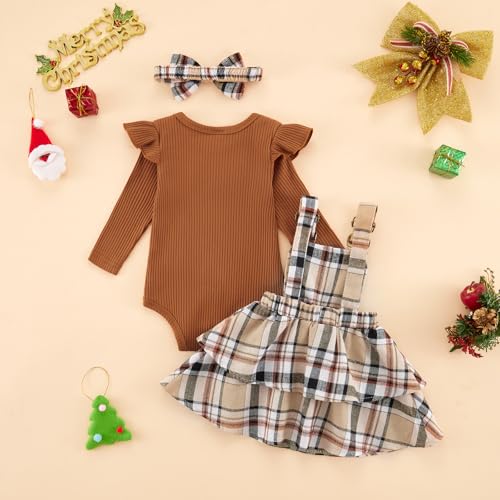 ESHOO Baby Girl Clothes Ruffle Long Sleeve Romper Plaid Suspender Skirt with Headband Newborn 3 Piece Outfit 0-24 Months2