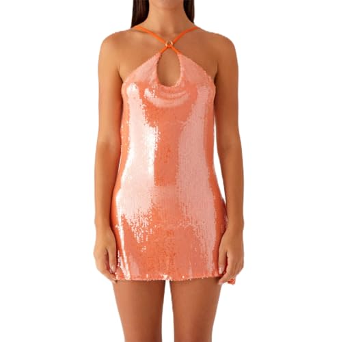 Women's Sexy Halter Sequin Backless Mini Dress Sleeveless Low Cowl Back Glitter Short Dresses Party Evening Gown (Orange, S)