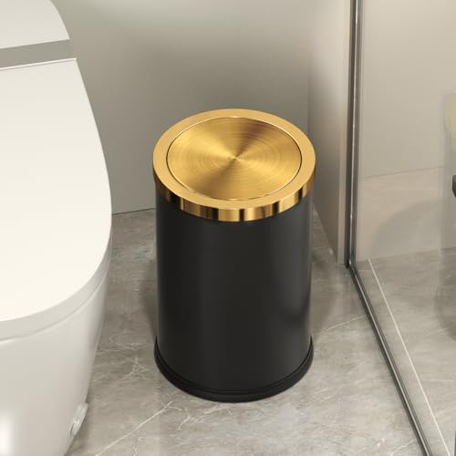 Image of 9L /2.4GAL Black and Gold Bathroom Trash Can, Small Trash Can with FILP Lid for Bathroom,Hotel,Office,Lundry,Powder Room (BLACK)