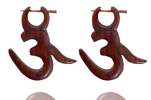 Ethnic Arts India Women's Tibet Handcraft Wooden Devotional"Om" Design Big Stick Earring Brown