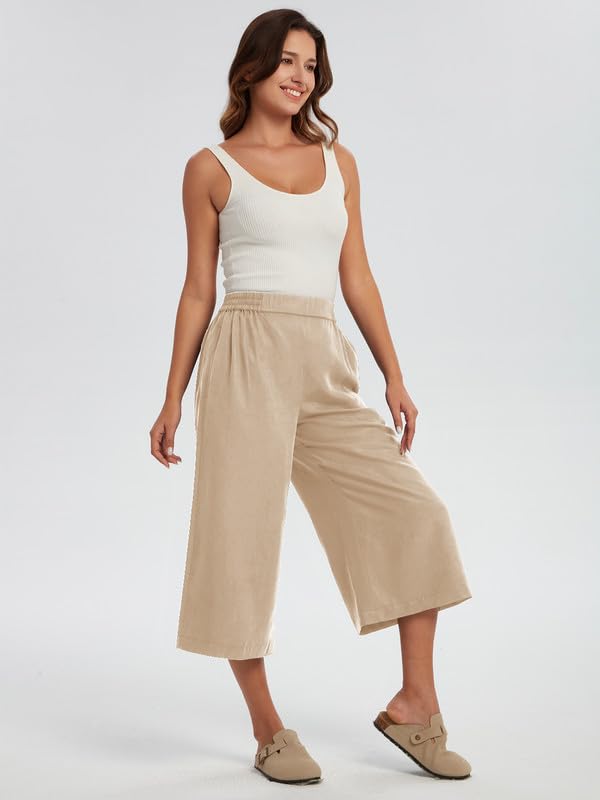Les umes Women Linen Pants Summer Wide Leg Capri Pants High Waist Loose Cropped Lounge Trousers Culottes3
