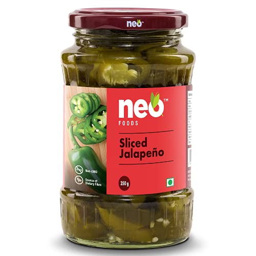 Neo Jalapeños en rodajas de 350 g, listos para comer, ricos en fibra, jalapeños en escabeche. Disfruta como cobertura para pizza, pasta, ensaladas, hamburguesas y envolturas. Sin OMG, 100% vegano