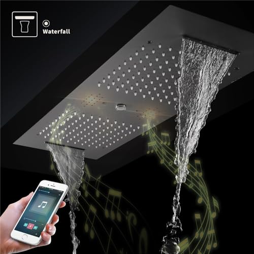 Cascada Artemisia 12"x36" LED Sistema Digital de Ducha con Bluetooth Grande (Montaje en Techo) con 5 Mandos y 4 Funciones (Doble Lluvia, Doble Cascada, Columna de Agua y Ducha de Mano) (Negro Mate) miniatura 3