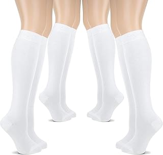 WKLOUYHE 4 Pairs Girls Knee High Socks Cotton School Uniform Socks Kids Soccer Socks Outdoor Long Tube Socks_Pack Of 4(White)