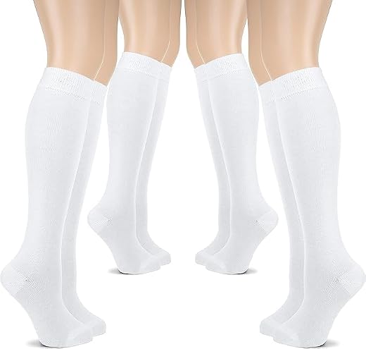 WKLOUYHE 4 Pairs Girls Knee High Socks Cotton School Uniform Socks Kids Soccer Socks Outdoor Long Tube Socks_Pack Of 4(White)