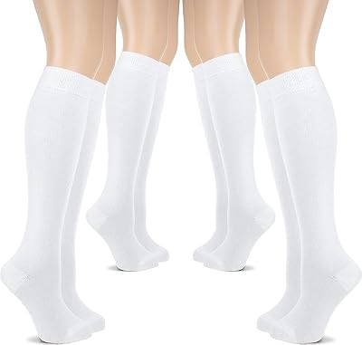 WKLOUYHE 4 Pairs Girls Knee High Socks Cotton School Uniform Socks Kids Soccer Outdoor Long Tube_Pack Of 4(White,12-13 Y