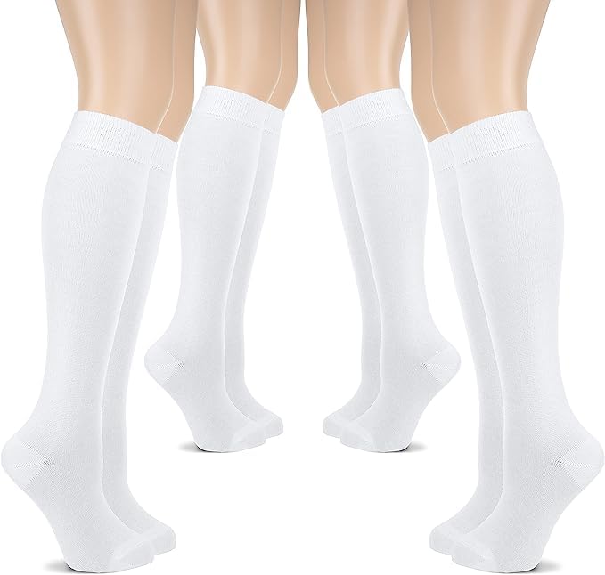 WKLOUYHE 4 Pairs Girls Knee High Socks Cotton School Uniform Socks Kids Soccer Socks Outdoor Long Tube Socks_Pack Of 4(White)