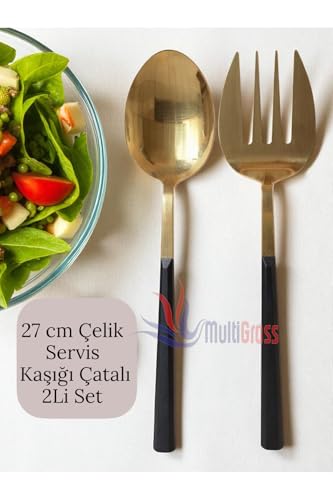 Büyük Boy Çelik Servis Kaşığı Servis Çatalı 27 cm 2'li Set, Altın