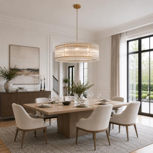 Image of 48-Inch Ripple Glass Chandelier, 2-Tier 10-Light Large Brass Round Chandelier for Dining Rooms, Living Rooms, Foyers, Staircases, Open-Concept Spaces & High Ceilings