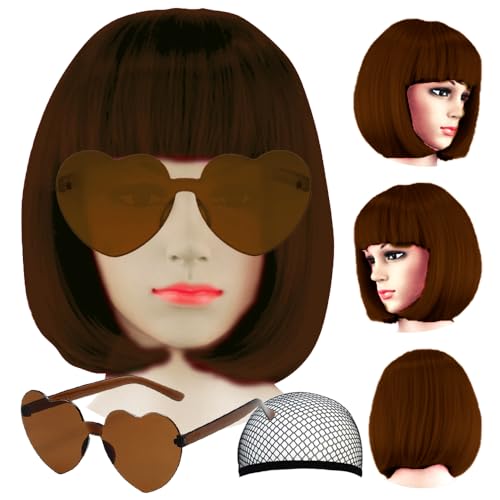 Image of LIULIUBTY Short Bob Hair Wigs Straight with Flat Bangs Synthetic Colorful Cosplay Daily Party Neon Wig for Women with Wig Cap 12 inch Natural As Real (Black-brown)