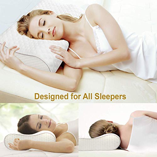 Lunvon Pillows for Sleeping Luxury Queen Memory Foam Cooling Bed Pillows Height Adjustable Cervical Pillows with Pain Relief Design Breathable Hypoallergenic Cotton Cover Protector CertiPUR-US, White