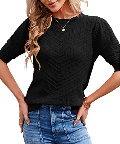Image of Womens Puff Short Sleeve Sweater Summer Crew Neck Ribbed Knit Pullover Tops