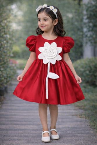 Image of Buy & Try Girls Satin Rose Flowered Frock Dress, Puff Sleeves, Knee Length Elegant Occasion Outfit