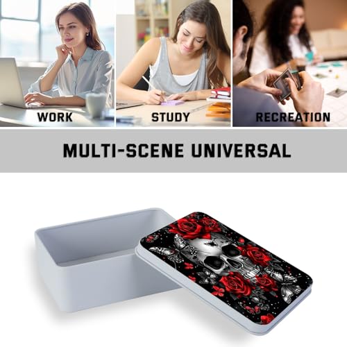 Image of Metal Tin Box with Lid,Multi-functional Storage Box Can Store Tea Biscuits Game Cards, Playing & Tarot Cards-Comes with 4 Magnetic Cord Clips,Skull Roses Butterfly