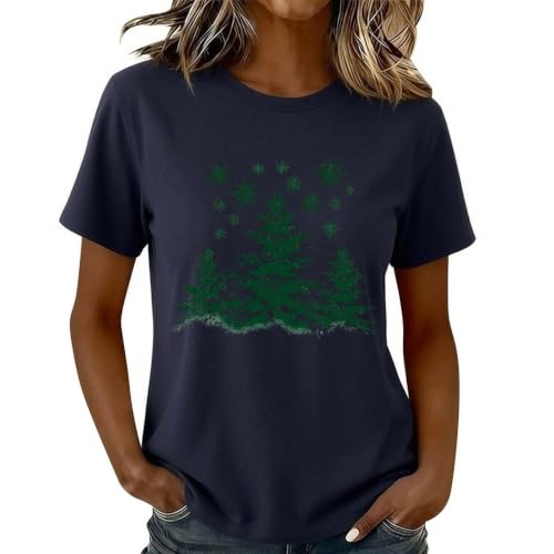 Women's Christmas Tree Top Short Sleeve Crew Neck Casual Shirt Fall Navy