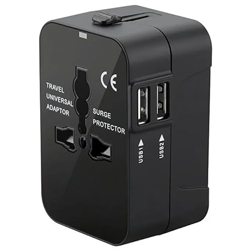 Adaptador Enchufe Universal con 2 Puertos USB | Adaptador Enchufe de Viaje para USA, Europa, Reino Unido | Diseño Compacto y Plegable | Compatible en más de 200 Países