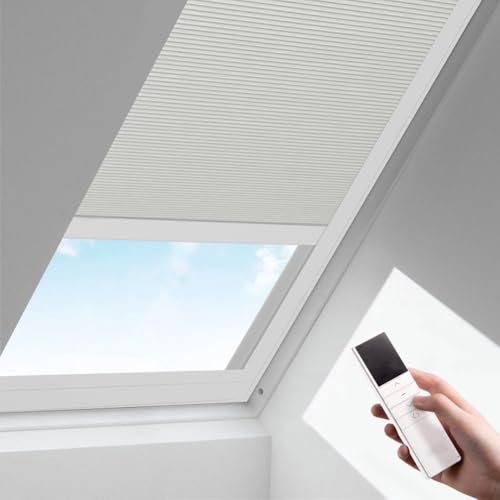 Zshine Motorized Cellular Shades Cordless Honeycomb Blinds Full Blackout Fabric Window Shades for Skylight (93021B Milky White) Milky White Full Black