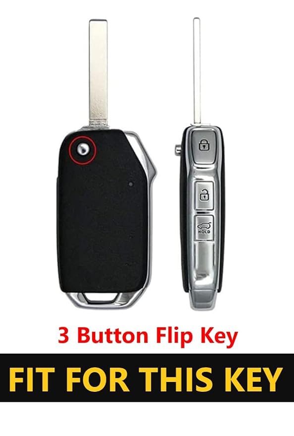 Image of Zinc Metal Alloy Leather Car Key Cover & Case Brown with Keychain & Holder Compatible for KIA Seltos, Sonet, Carens (3 Button Flip Key)