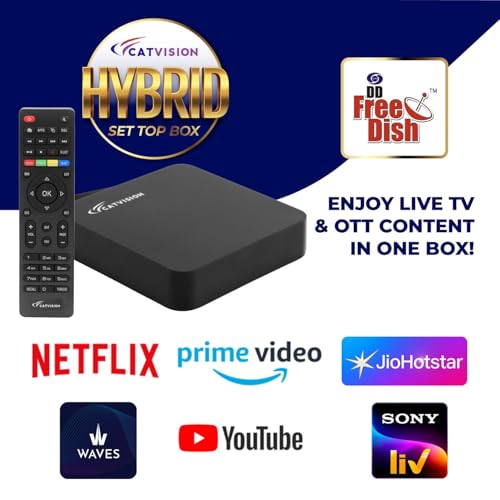 Image of Catvision Hybrid Set Top Box | OTT + Free Dish (DVB-S2) Support | 115+ DD Channels | Android Based | BIS Approved