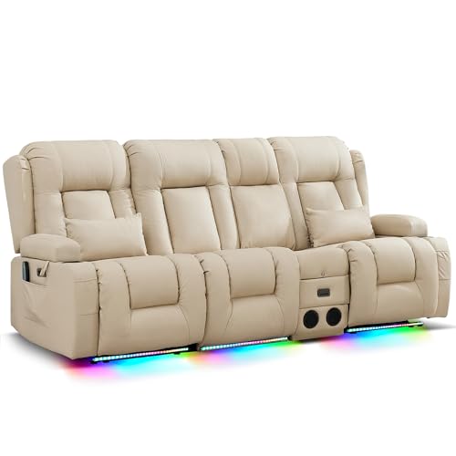 Image of URRED Power Loveseat Recliner Sofa with Massage and Heat, Wall Hugger Reclining Loveseat with Console, RV Couch Home Theater Seating with LED Lights for Living Room (Beige, 89.8 inch - 3 Seats)